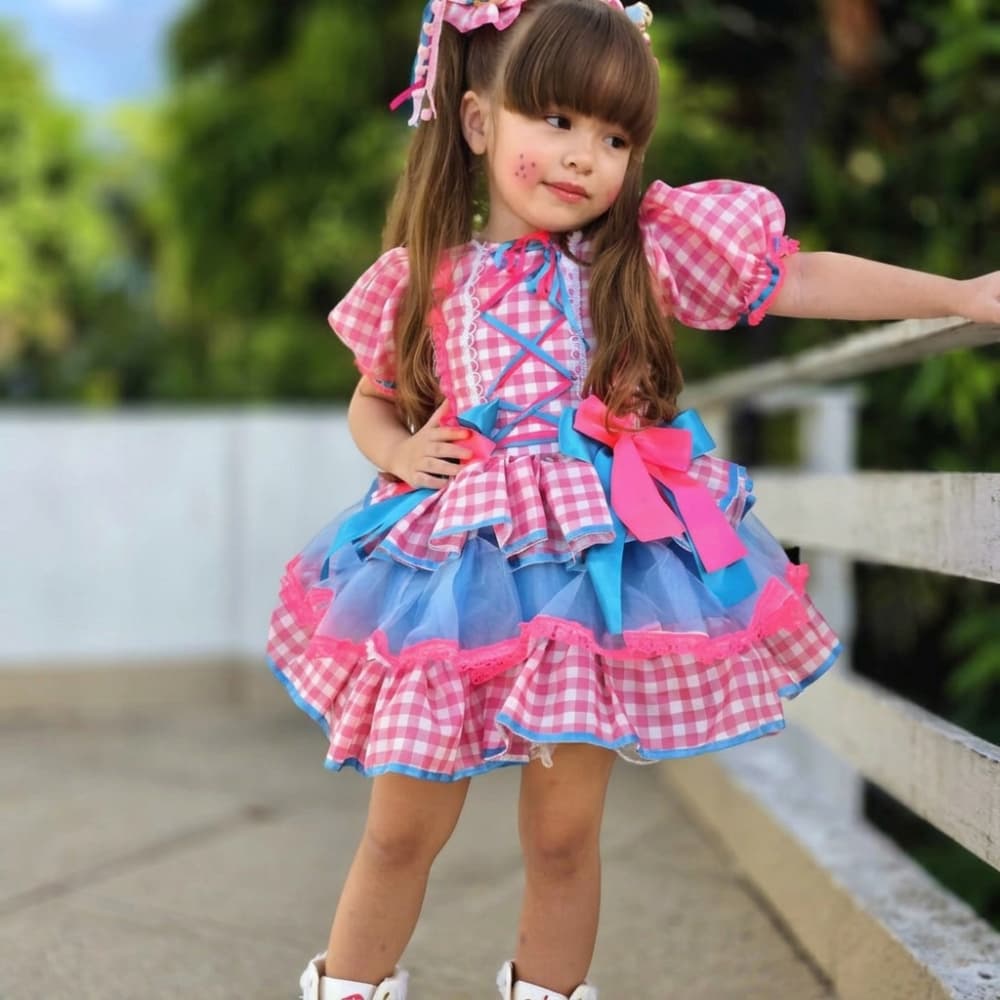Vestido de Caipira Xadrez Quadriculado Rosa Junino São Joao infantil