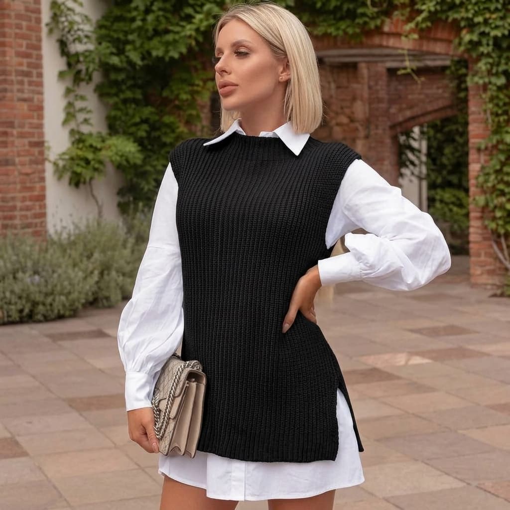 Colete de tricô / Blusa sem manga / Chaleco / Blusa de lã Moda outono/inverno, quentinha, elegante e estilo boho