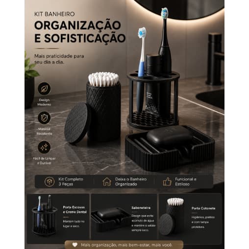 Kit Banheiro Luxo Minimalista | Secagem Rápida + Organização Moderna | Saboneteira Auto Drenagem 3D