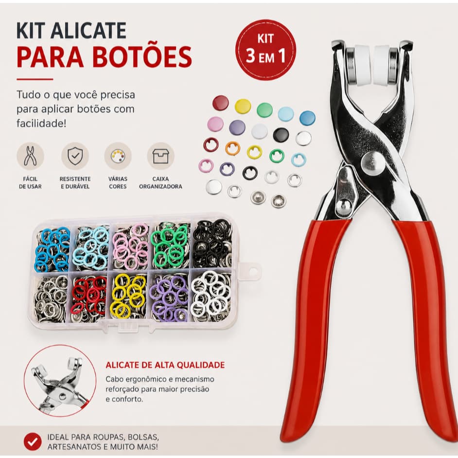 Kit Alicate Aplicador de Botão de Pressão com 100 Pares  para Roupas Artesanato Couro Costura DIY