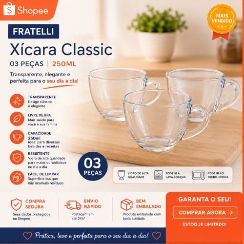 Jogo 3 Xícaras de Vidro Fratelli Classic 250ml Transparente Resistente Café Chá