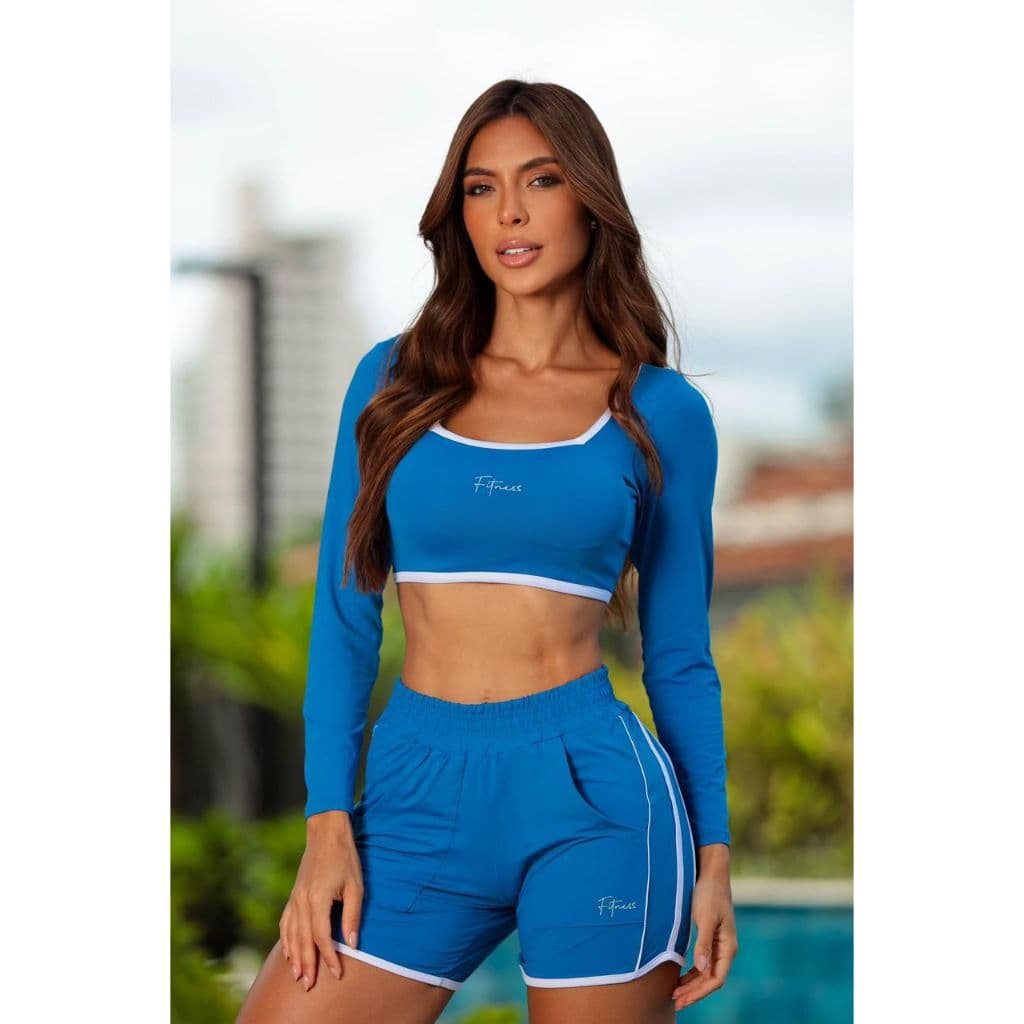 Conjunto short com croped de manga longa para treino academia, corrida, tenis, beach tenis