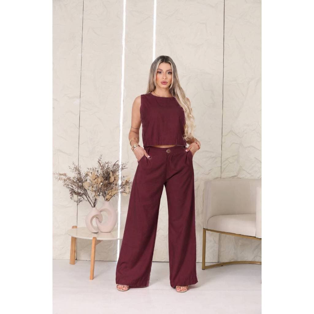 Conjunto Alfaiataria Premium feminino casual pantalona com bolso blusa sem manga