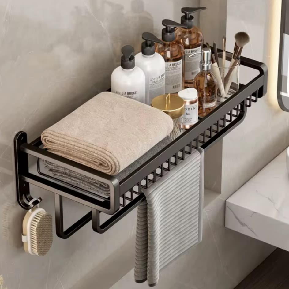 Suporte para Toalha de Metal Com Cesto Porta Toalha Duplo com Ganchos