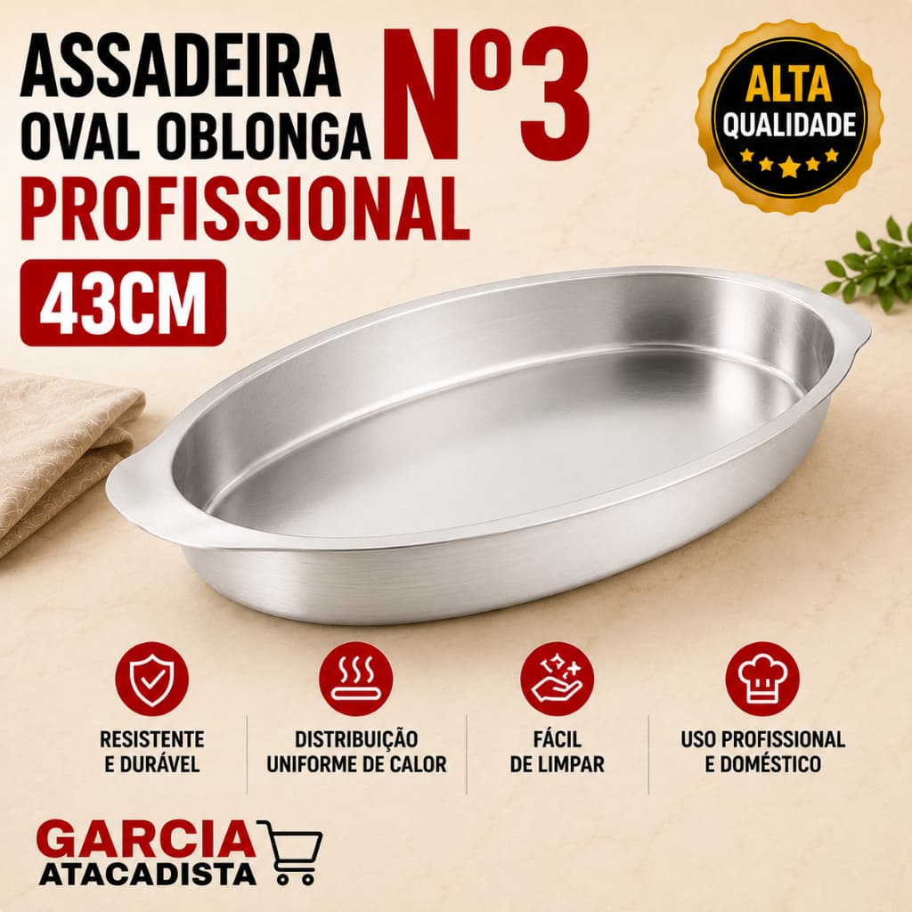 Assadeira Oval Oblonga Nº3 43cm Alumínio Profissional | Forma para Assados, Massas e Bolos