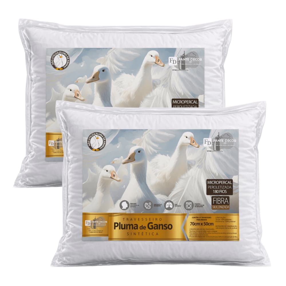 Kit Travesseiros Pluma de Ganso 70x50cm – Conforto Premium, Ultra Macio e Antiácaro
