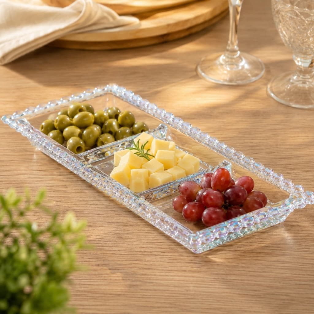 Petisqueira 3 divisórias Diamante cristal furta-cor 30x13cm -L Hermitage