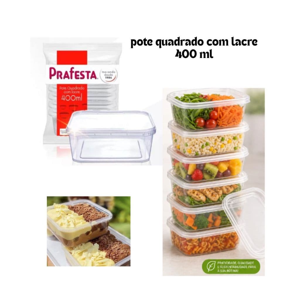 Pote Plástico Quadrado Com Tampa e Lacre  400ml Com 10 Unidades - Prafesta