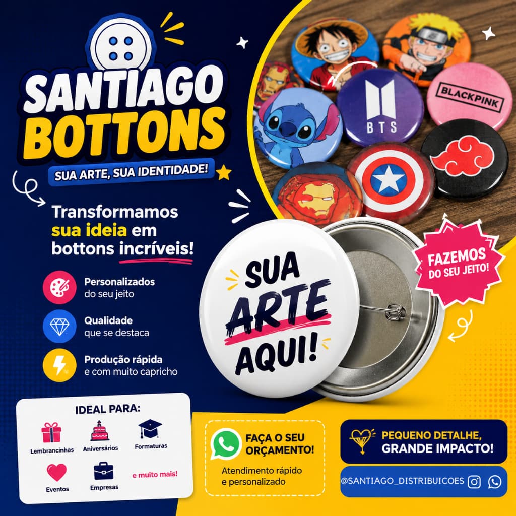 Bottons Personalizados 25mm Sua Arte Foto Logo Anime Empresas Eventos