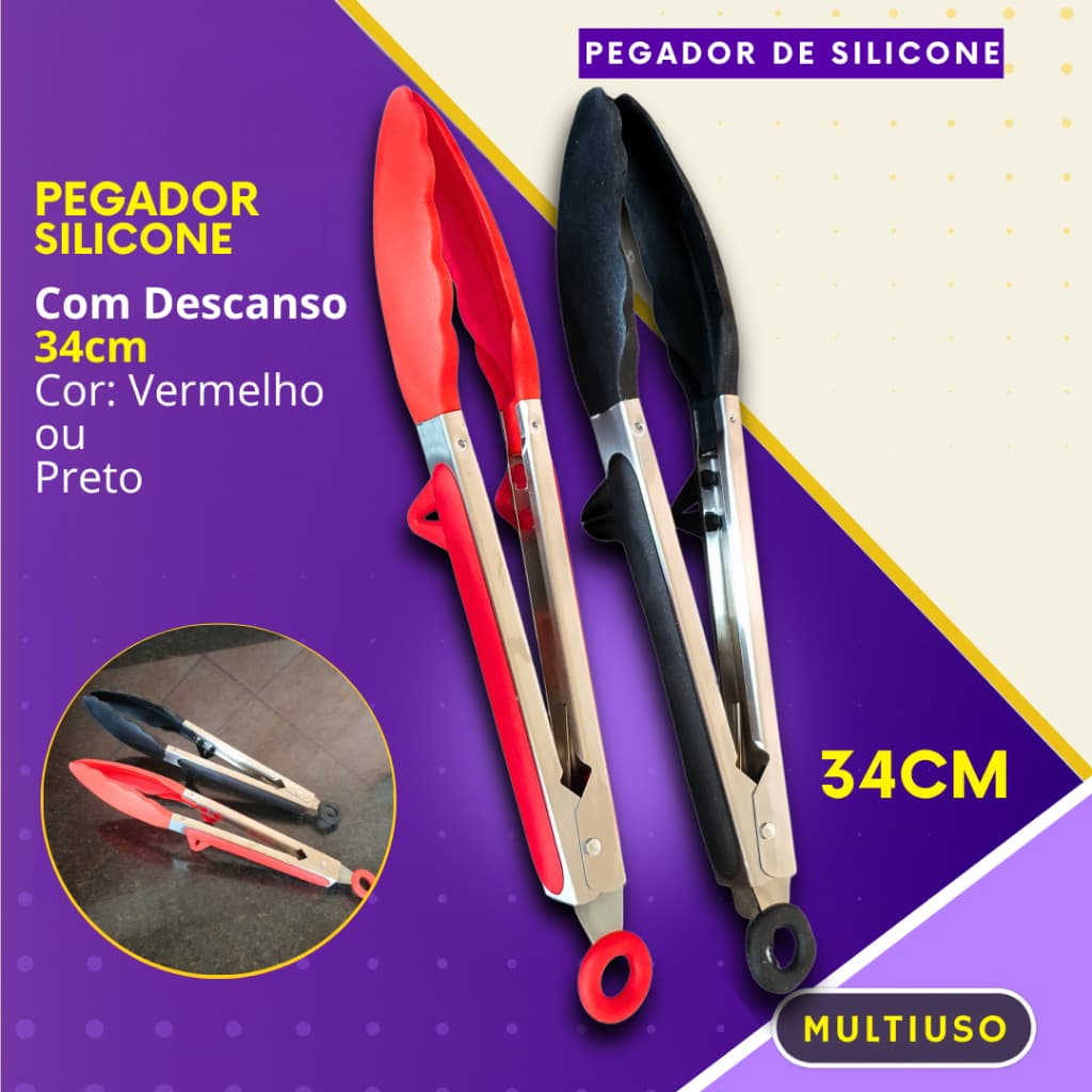 Pegador de Silicone Multiuso *34cm com Descanso Cozinha Churrasco Restaurante Carnes Massa