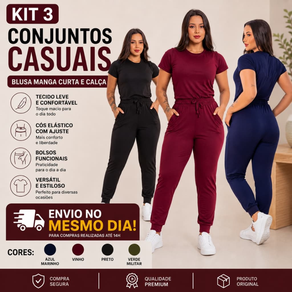 Kit 3 Conjuntos Feminino Suede Calça Skinny e Blusa Manga Curta