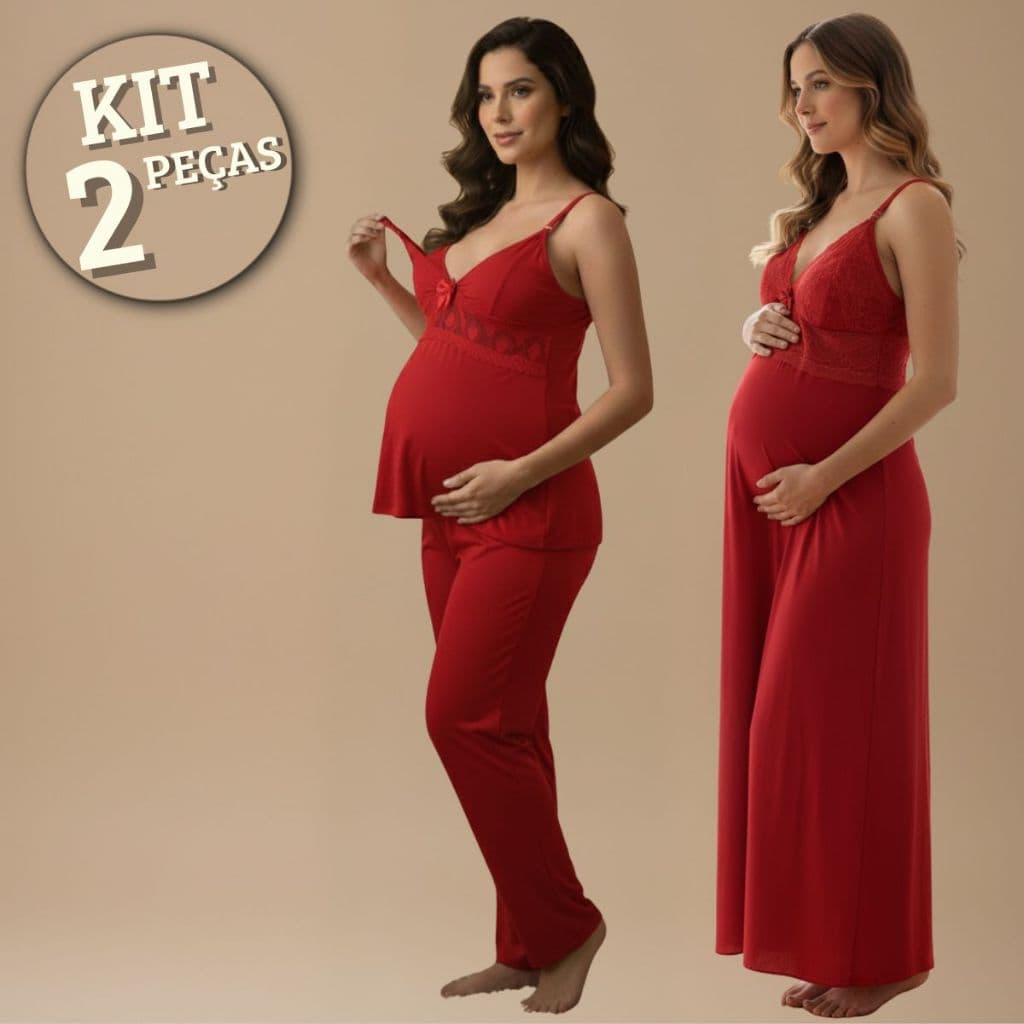 KIT Amamentação LONGO Pijama CALÇA DOLL com Blusa em Click + Camisola Longa com Detalhes em Renda.