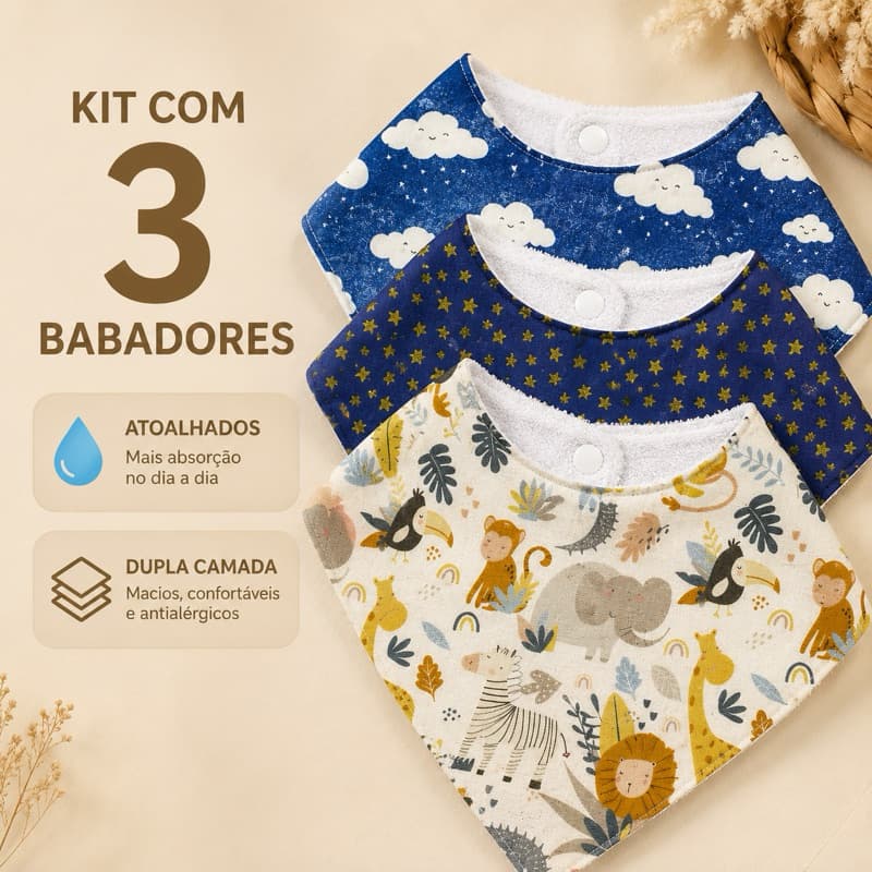 Kit 3 Babadores Bandana Atoalhados Dupla Camada Ajustável Bebê Menino Menina