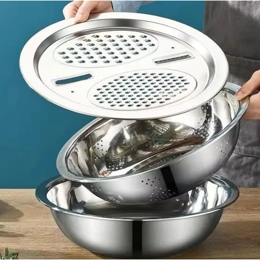 Kit 3 Em 1 Ralador 4 Laminas, Escorredor para Macarrão, Tigela 26cm Inox Aço Inoxidável