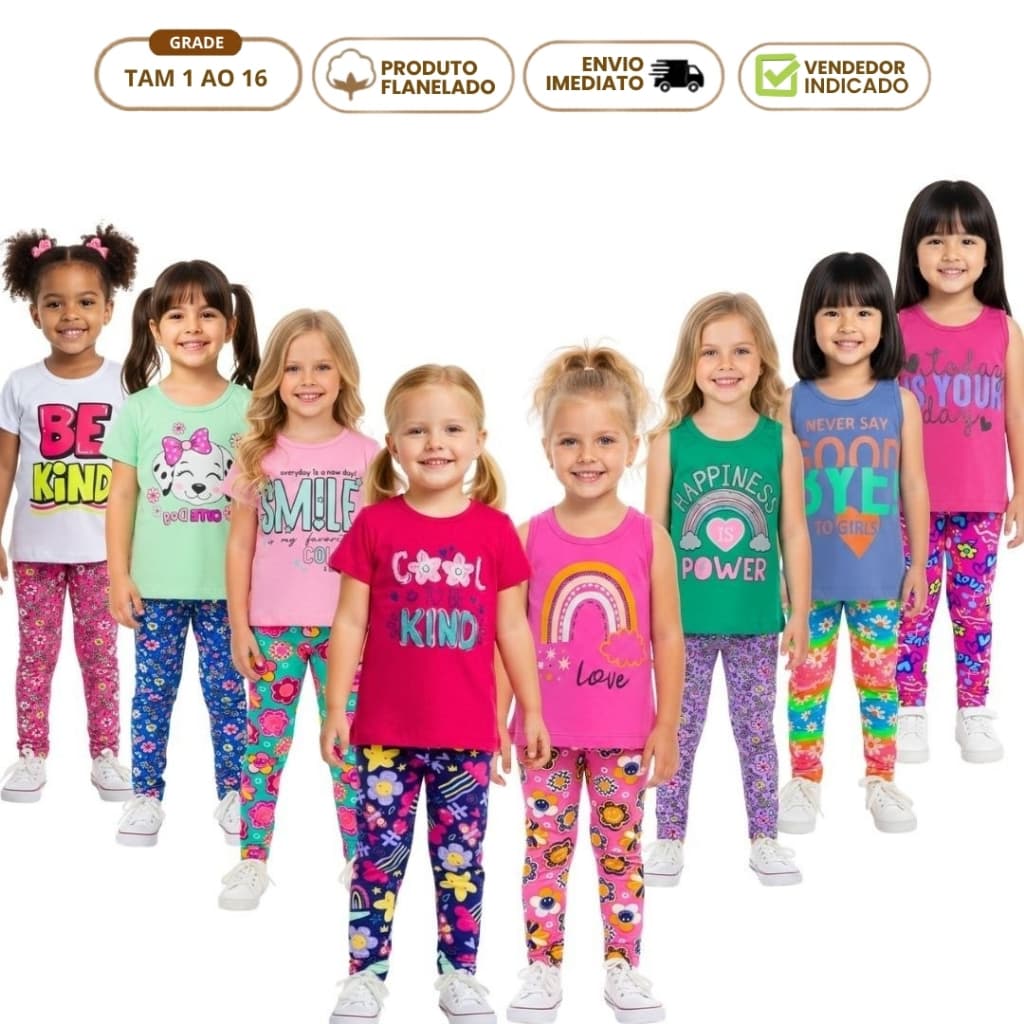 Kit 12 Peças Conjunto Infantil Feminino 6 Calça 6 Camiseta Manga Curta Roupa Infantil Menina 1 ao 16