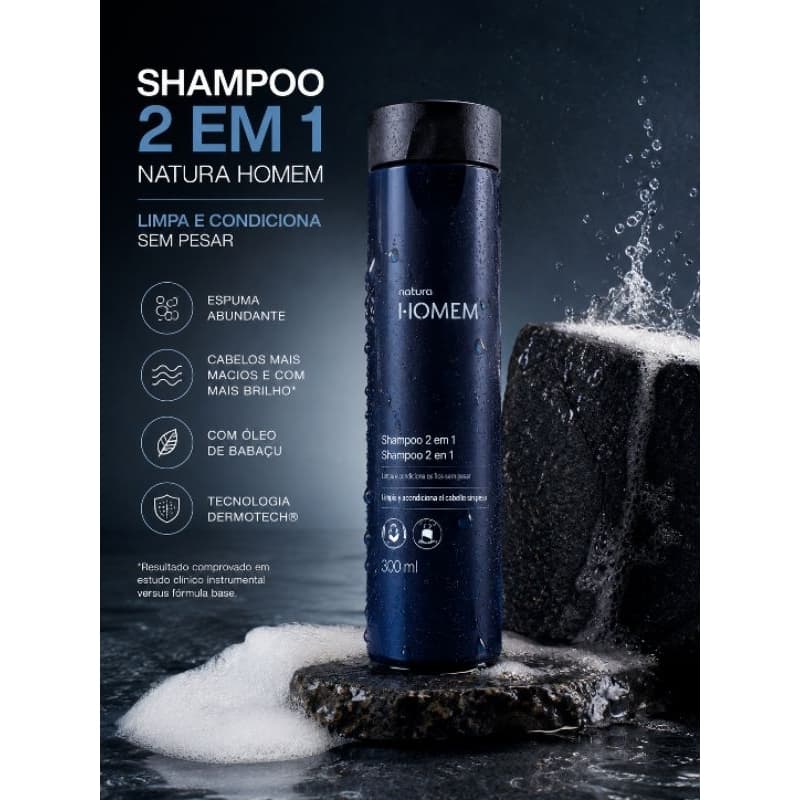 Shampoo 2 em 1 masculino Natura homem 300 ml - limpa e condiciona os fios sem pesar - Natura