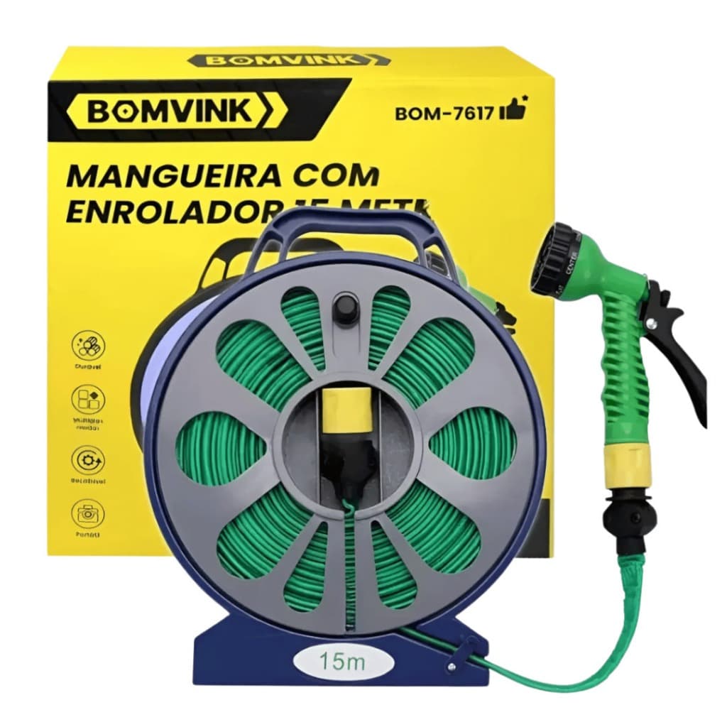 Mangueira Com Enrolador 15 Metros E Esguicho Regulável