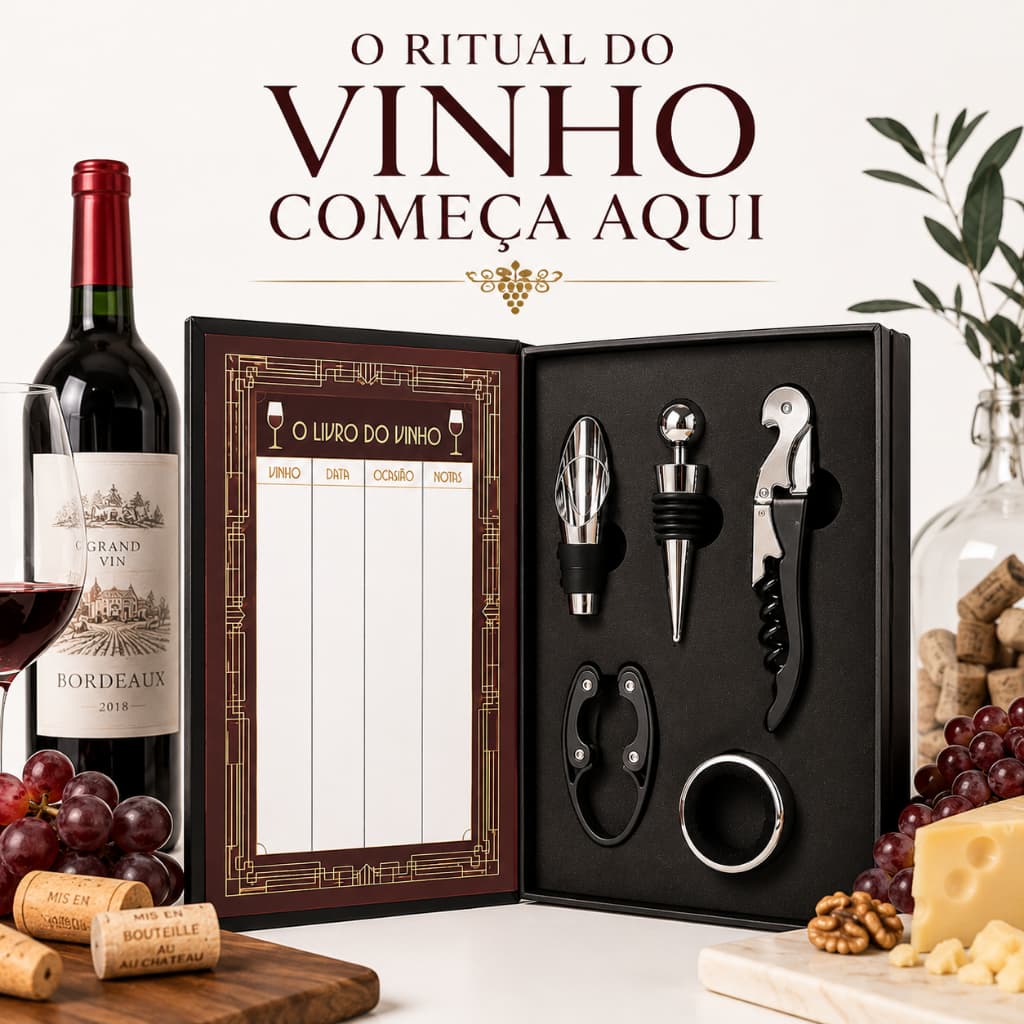 Kit Vinho Presente Completo 5 Peças com Saca-Rolhas Abridor + Acessórios Elegante