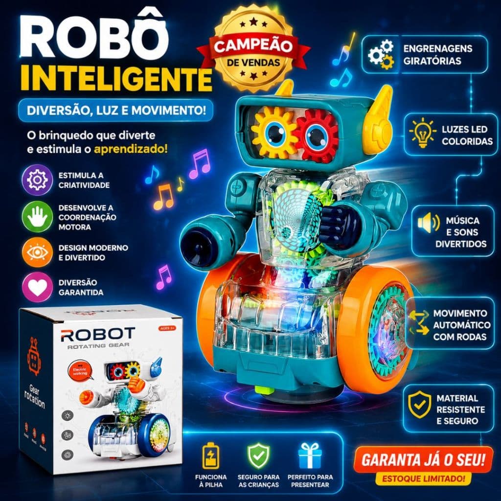 Robô Brinquedo Inteligente Com Luzes e Engrenagens Transparente Musical Infantil Anda Sozinho