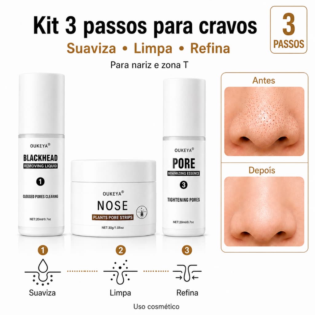 OUKEYA Kit Removedor Cravos 3 Passos Nariz Zona T Limpeza Profunda Poros Oleosidade 20ml 30g Hidrata