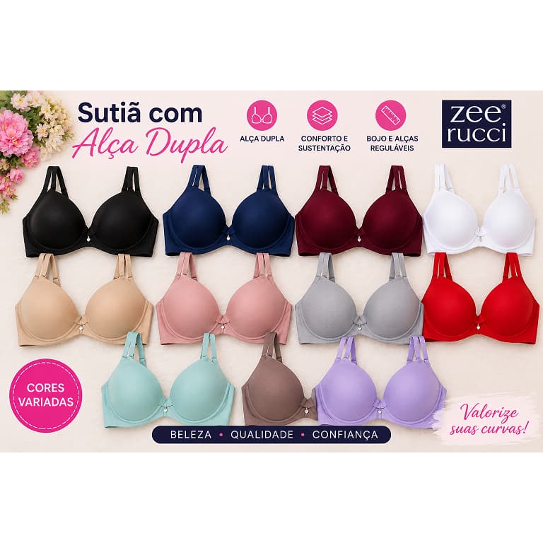 Sutiã Comfort Duplo Alças Largas Reguláveis com Bojo sem Costura Original Zee Rucci