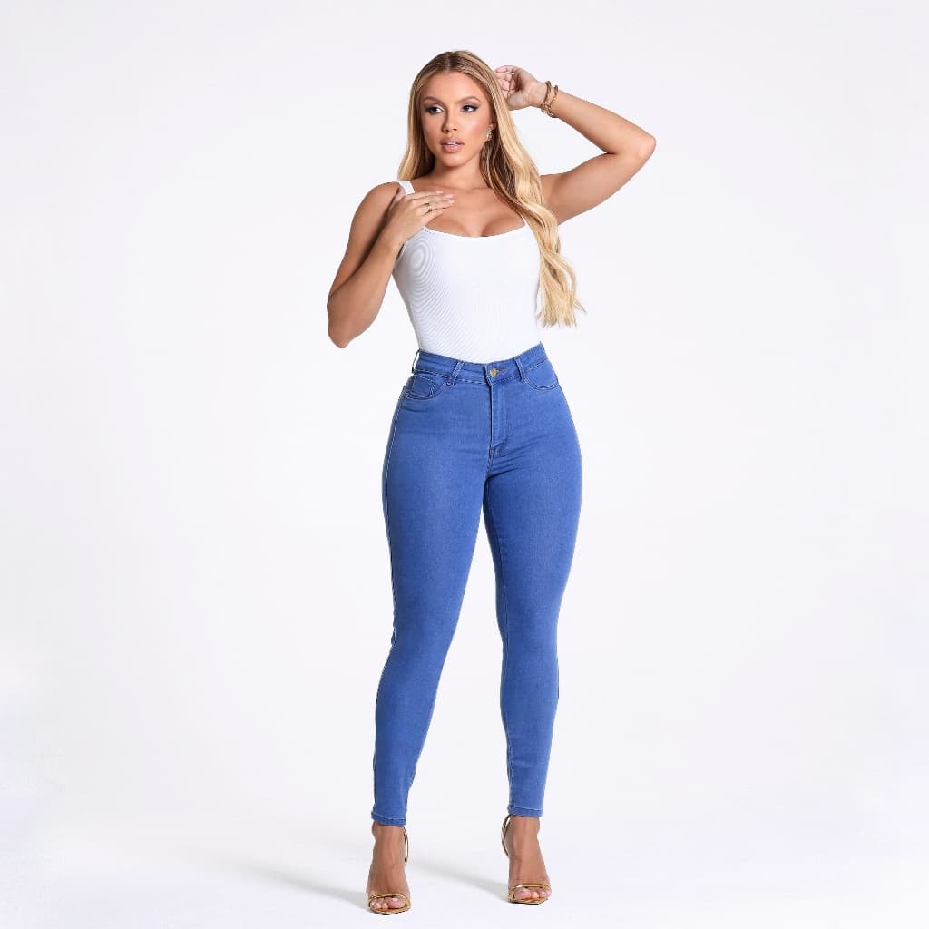 Calça Jeans Feminina Skinny Cós Alto Empina Bumbum Lycra Premium