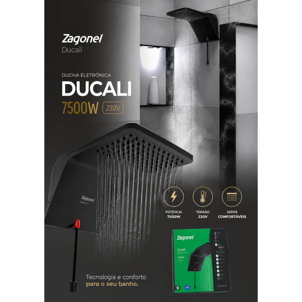 chuveiro agua quente 7500w 220v com led indicador ducha ducali black zagonel