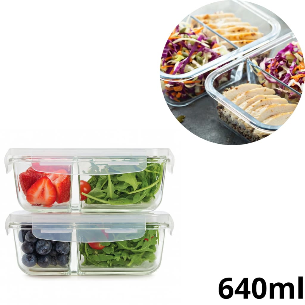 Kits Potes De Vidro Hermético Mantimentos Marmita Refratário 640ml Com Divisória 4 Travas
