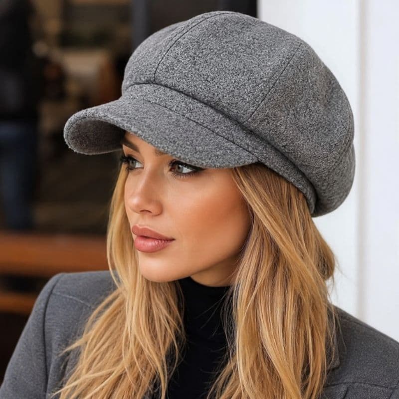Boina Feminina Cinza Casual 8 Gomos de Feltro Lã