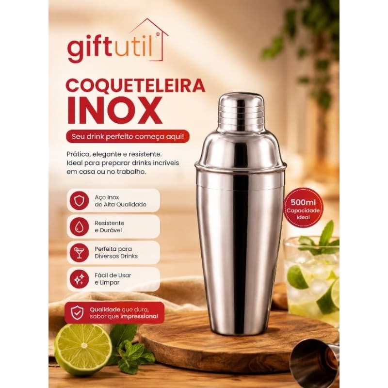 Coqueteleira Inox 500ml Profissional giftutil para Drinks e Coquetéis com Tampa Dosadora