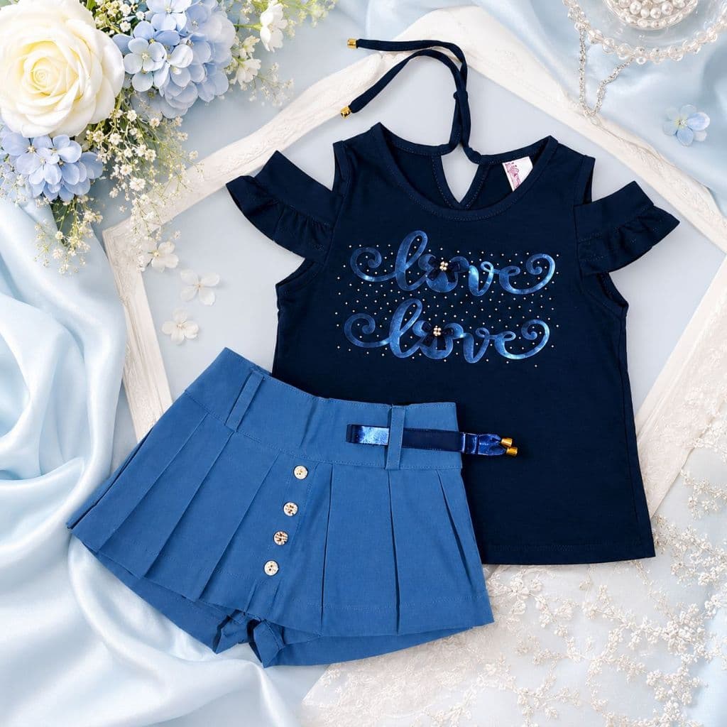 CONJUNTO PITEL INFANTIL FEMENINO SHORTS SAIA+ BLUSA LOVE PEDRARIA MODA KIDS ESTILOSA FOFA 280