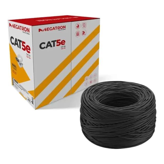 Cabo Cat5e Megatron 305m Rede Estruturada Gigabit Ethernet u/utp cmx preto 4p 24 awg ind/out