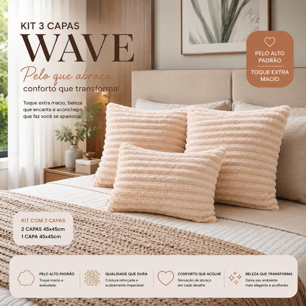 Kit 3 Capas De Almofadas Luxo Soft Wave Decoração Sofá Quarto Sala 45x45