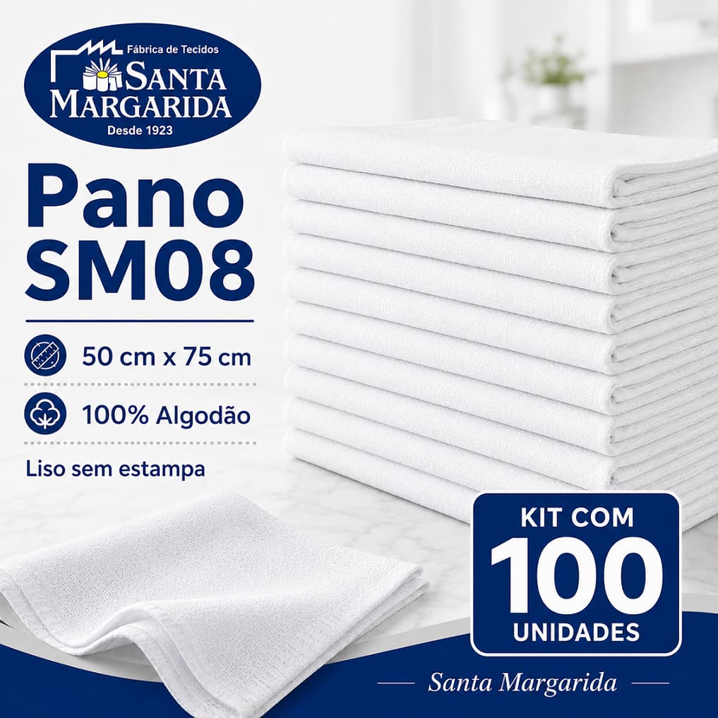 Kit 100 Un Pano de Prato SM08 Liso 50cm x 75cm Santa Margarida Embanhado 100% Algodão