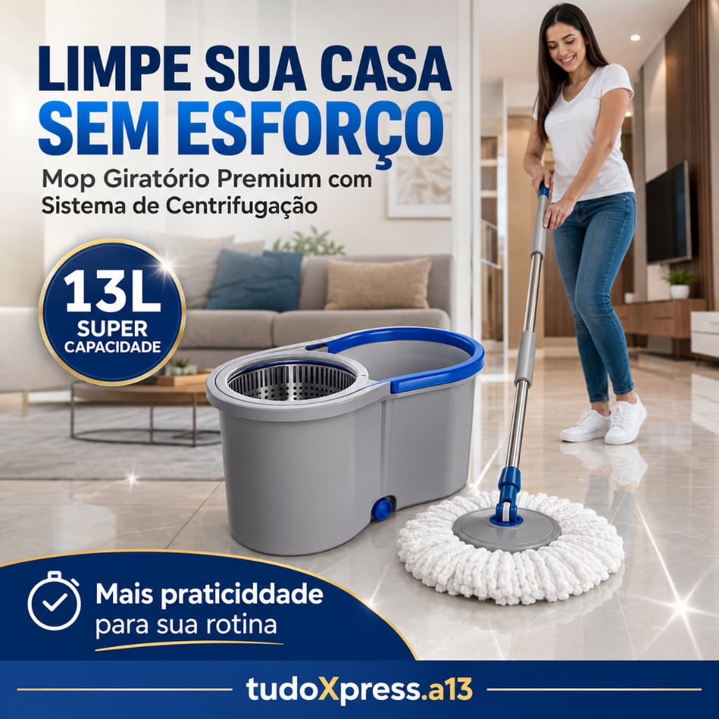 Mop Giratório 13L Com Balde Centrífuga Limpeza Prática Premium