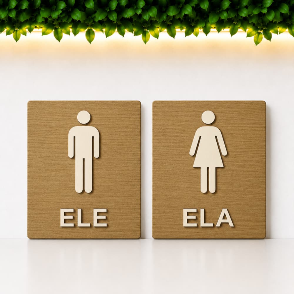 Kit Placas Banheiro Ele Ela MDF Premium 17x13cm | Sinalização Decorativa