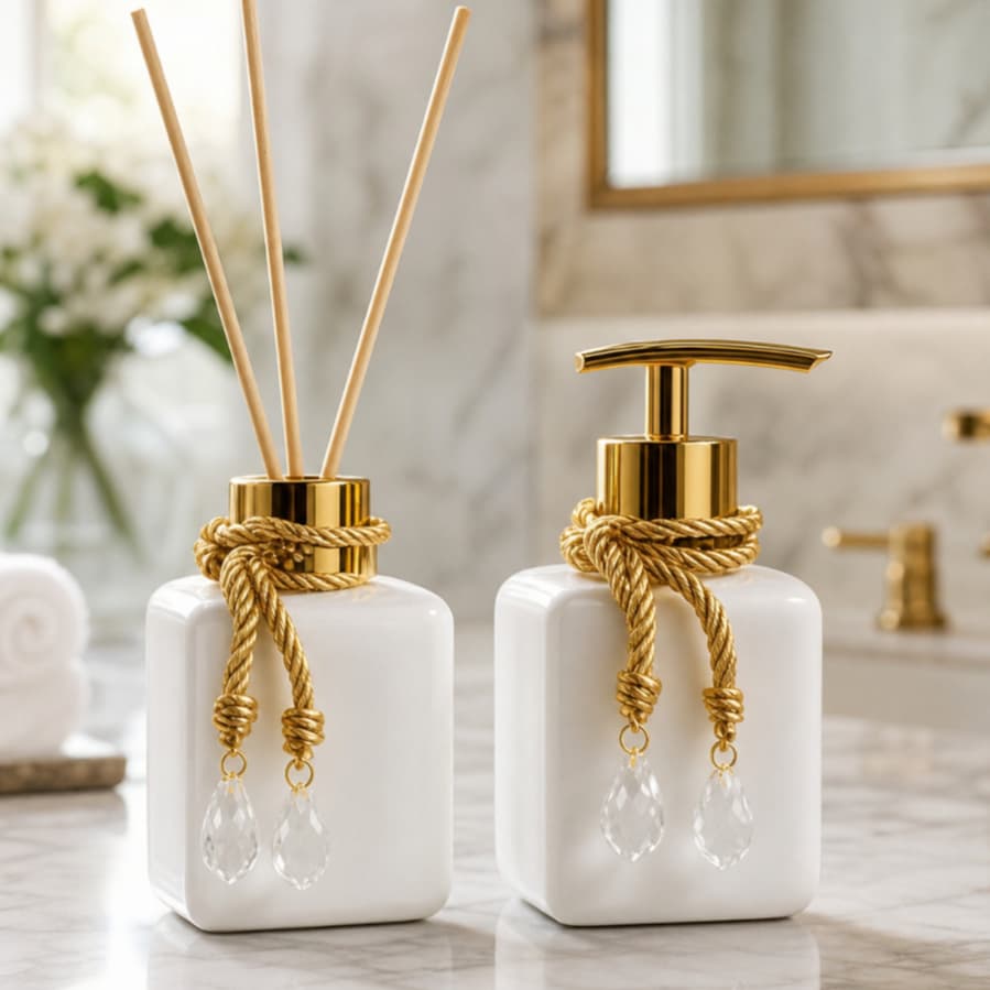 Banheiro Kit Lavabo Frasco Plástico 300 ml Branco  Aromatizador de Ambiente e Saboneteira Moderno Decoração