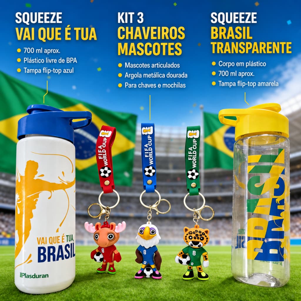 Garrafa Squeeze Brasil 700ml com Kit Torcida Copa do Mundo Acessórios Verde Amarelo Kit Copa do Mundo Brasil Squeeze