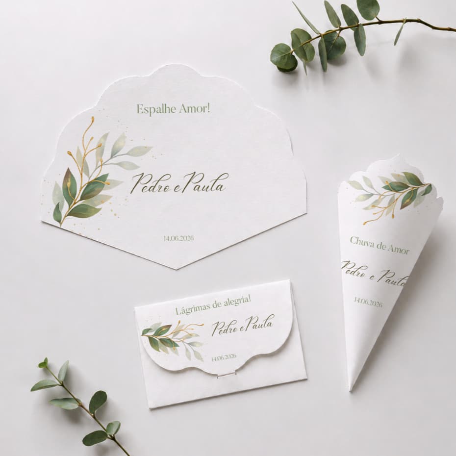 Kit Casamento Personalizado | 30 Ventarolas + 30 Lágrimas de Alegria e 20 Cones Ondulados Tendência 2026