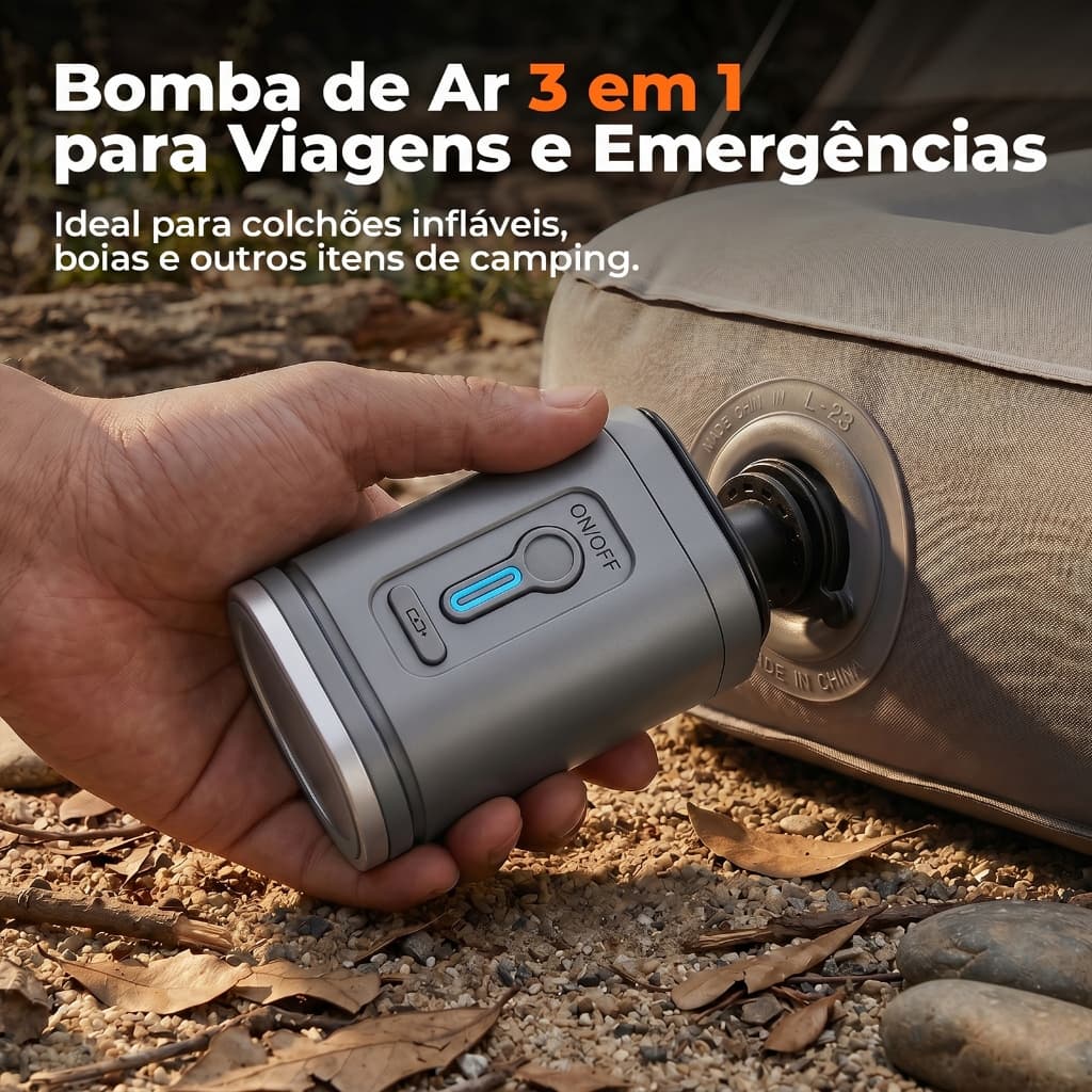 Mini Inflador Elétrico Portátil Recarregável USB 3 em 1 com Lanterna LED - Bomba de Ar para Colchão, Boia e Saco a Vácuo