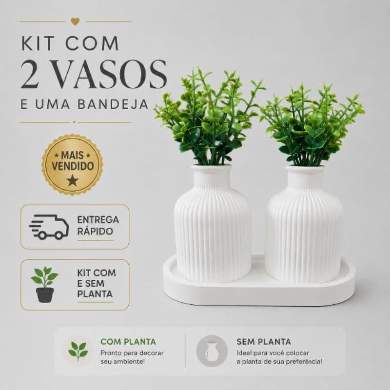 Kit 2 Vasos Decorativos com Bandeja + Flores | Vaso Minimalista Moderno Sala Quarto | Decoração Luxo Gesso