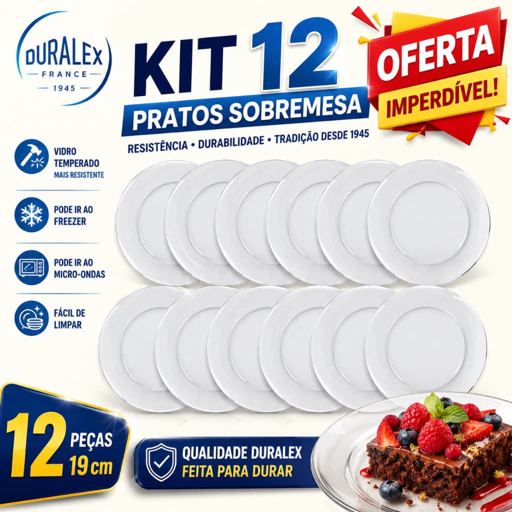 Kit Jogo 12 Pratos Sobremesa Astral Conjunto de Vidro Temperado Transparente Duralex