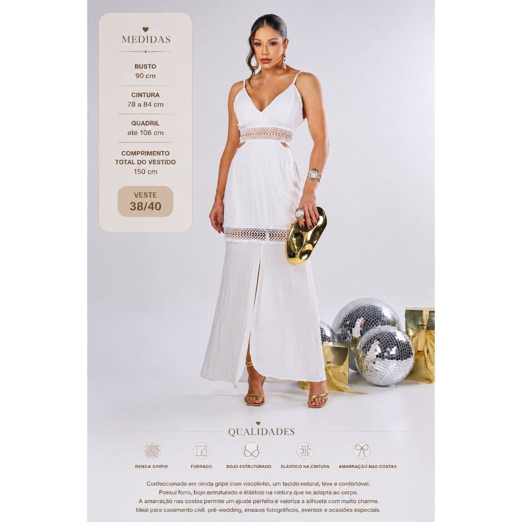 Vestido Longo Branco Elegante Casamento Civil Pre Wedding e Eventos Tubinho Renda Fenda Bojo Alca Foto