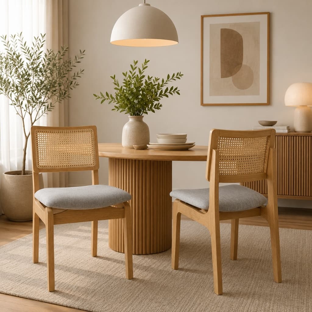 Kit Com 2 Cadeiras Para Sala De Jantar Em Madeira Maciça Eucalpto Encosto Rattan Estofado Linho Bege
