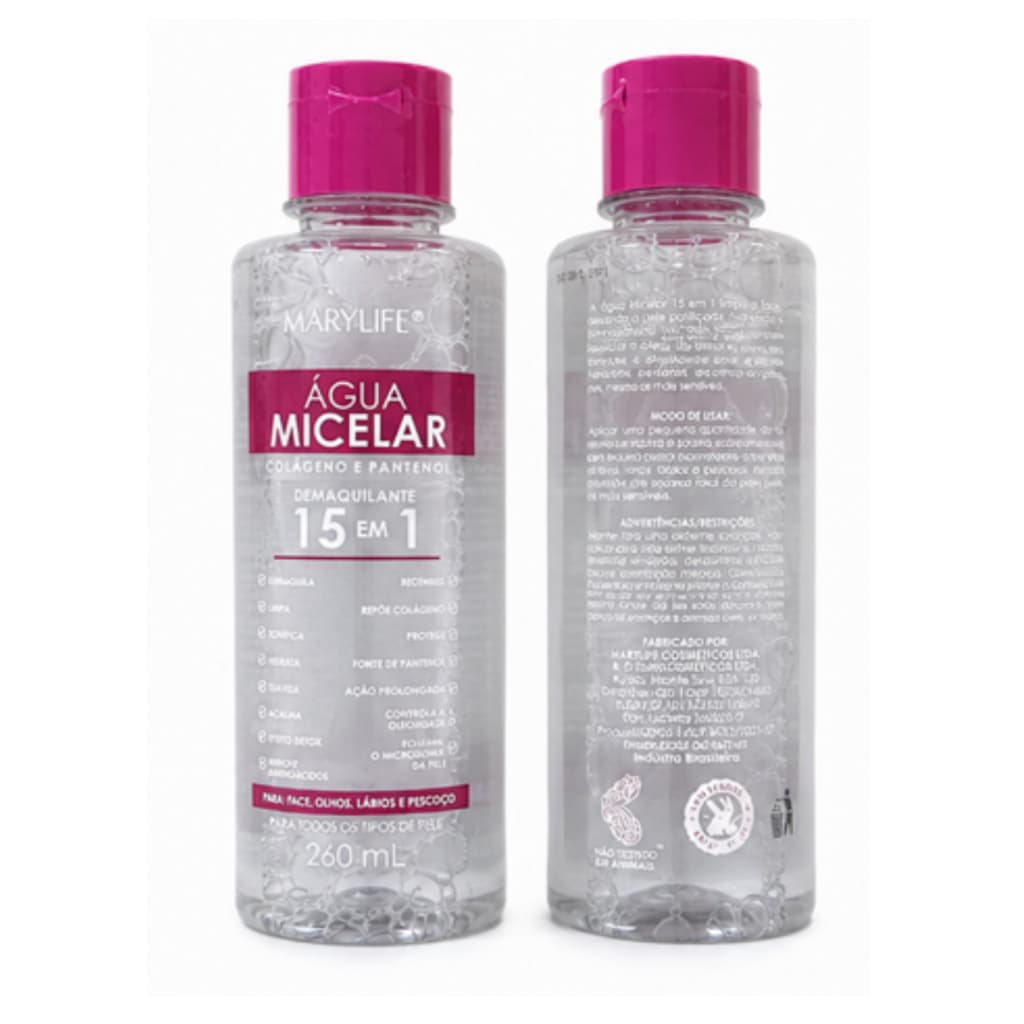 Água Micelar Demaquilante Colágeno e Pantenol 15em1 Mary Life 260ml - Remove Maquiagem KITS