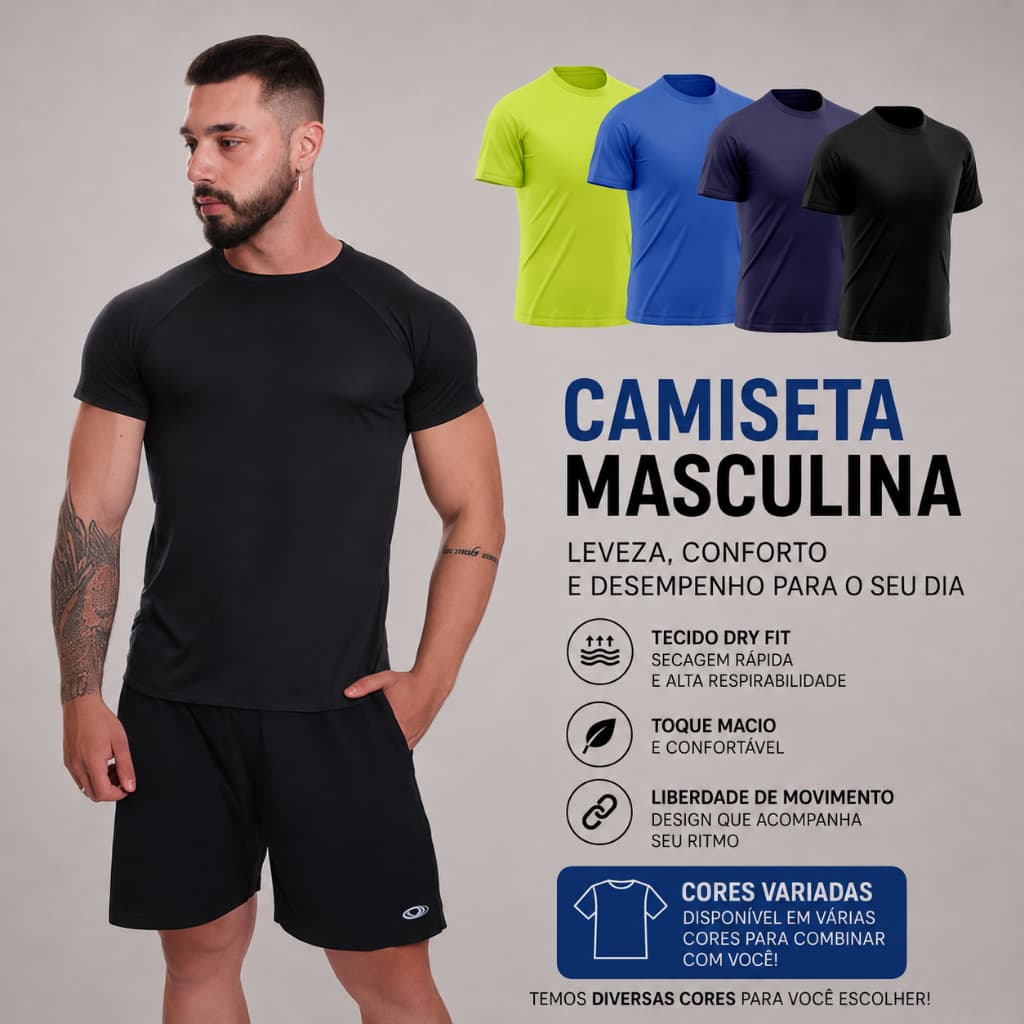 Kit 4 Camisetas Masculina Manga Curta Dry Fit Prote莽茫o Solar UV Camisa Treino Academia