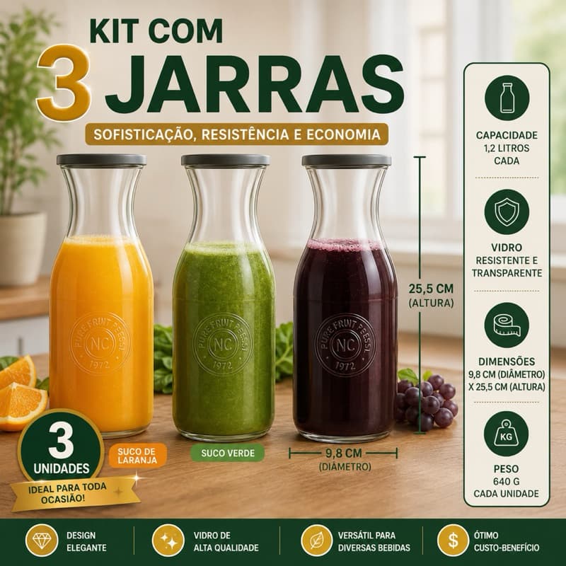 Kit com 3 Jarras Decanter Vidro Americano  1.2l Com Tampa Plastica Sucos Agua Leite Nadir
