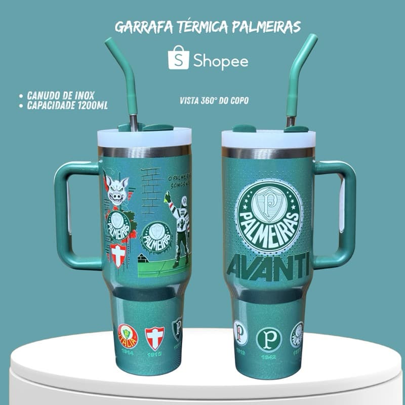 🟢 Copo Térmico Palmeiras 1200ml em Inox 304 com Canudo de Inox + Case Protetora Anti Quedas 🟢