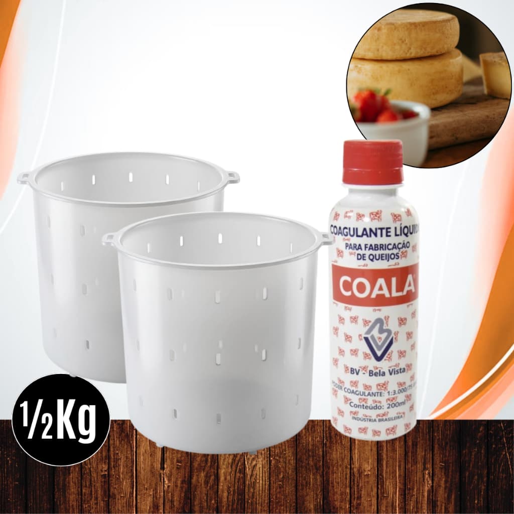 Coalho BV 200ml + 02 Formas 500g (Especial e reforçada) p/ Queijos Minas frescal Requeijão Canastras
