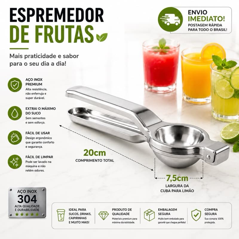 Espremedor de Limão Inox 20cm x 7cm x 3cm Pratico Cozinhar Espremedor de Frutas Aço Inox Resistente